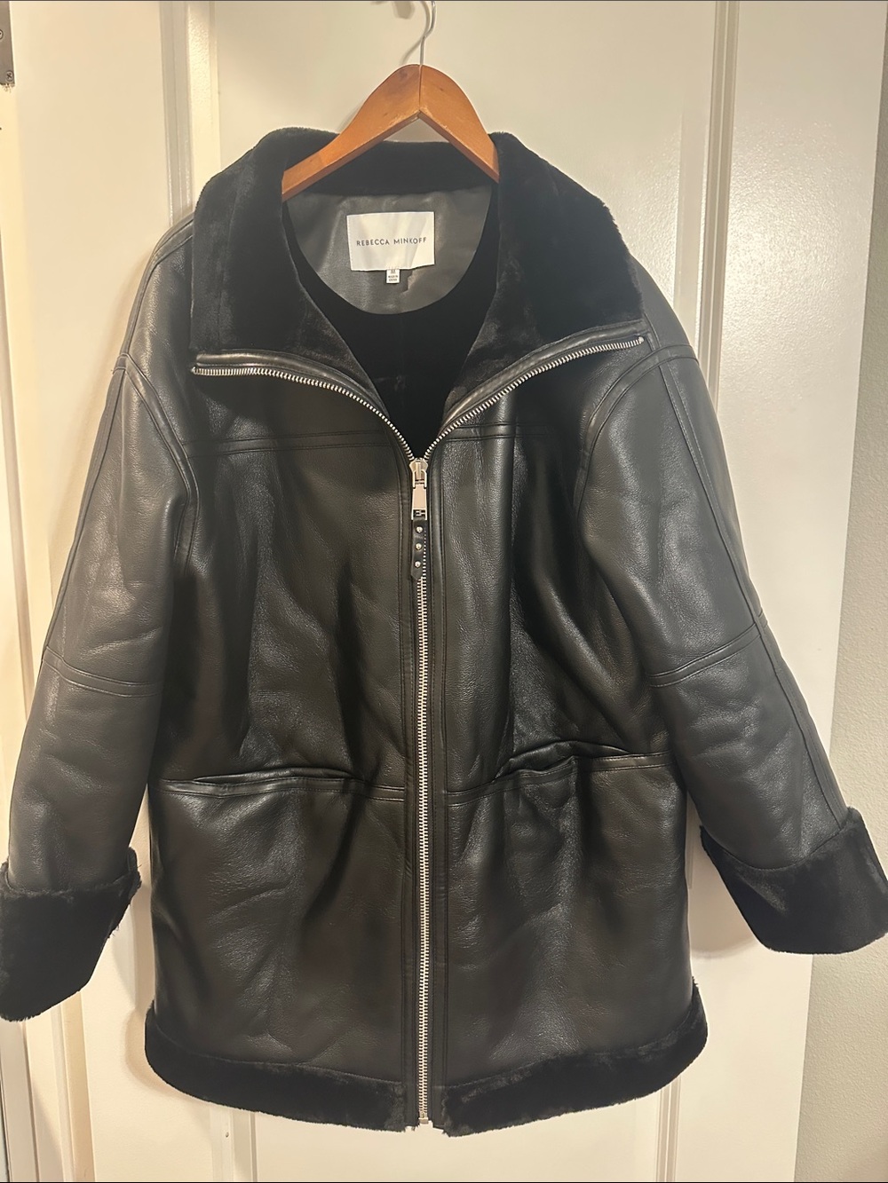 Rebecca Minkoff Black Leather Shearling-Trim Jacket